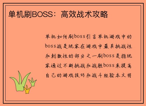 单机刷BOSS：高效战术攻略